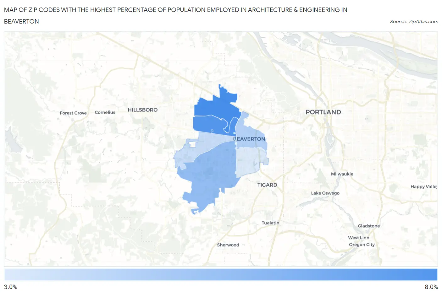 Zip Codes with the Highest Percentage of Population Employed in Architecture & Engineering in Beaverton Map