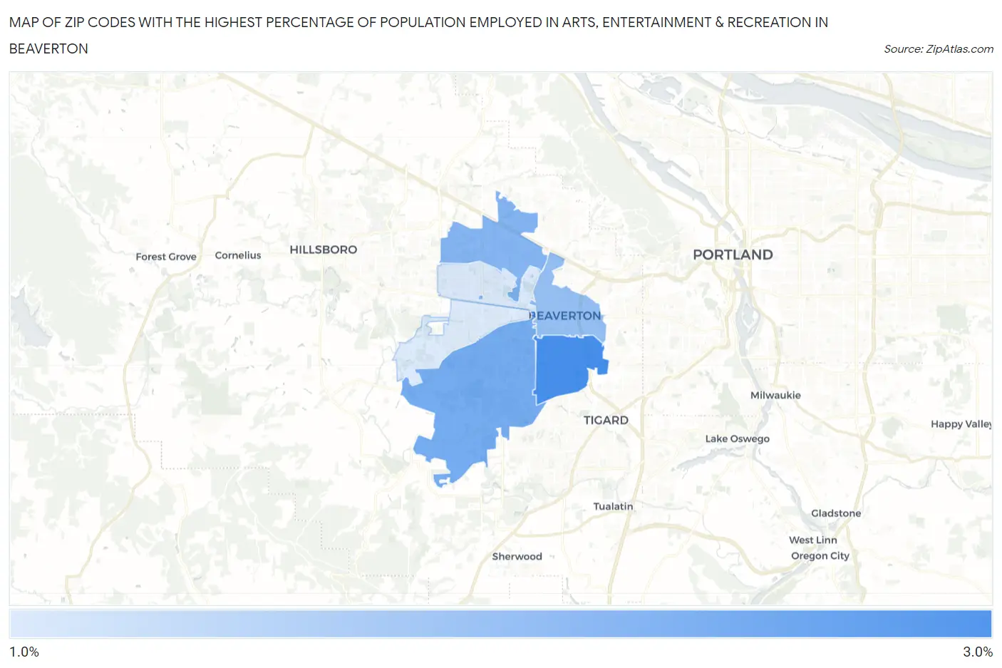 Zip Codes with the Highest Percentage of Population Employed in Arts, Entertainment & Recreation in Beaverton Map