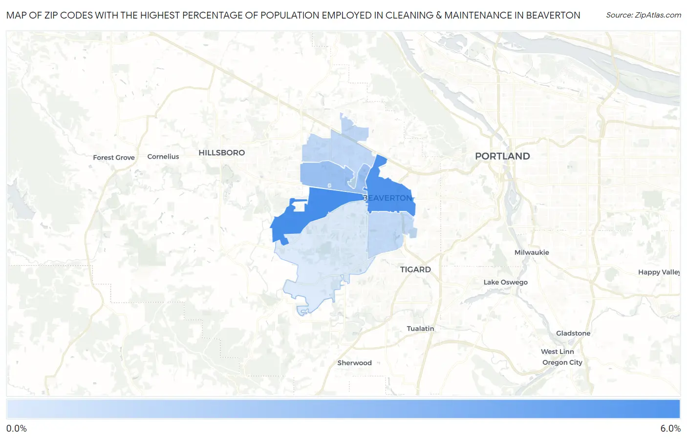 Zip Codes with the Highest Percentage of Population Employed in Cleaning & Maintenance in Beaverton Map