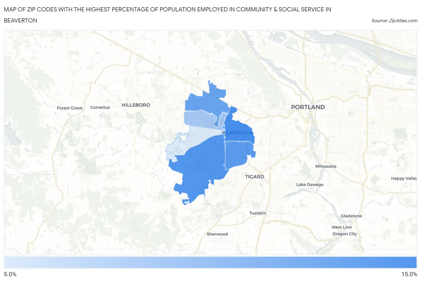 Zip Codes with the Highest Percentage of Population Employed in Community & Social Service  in Beaverton Map