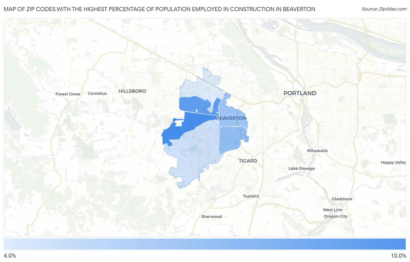 Zip Codes with the Highest Percentage of Population Employed in Construction in Beaverton Map