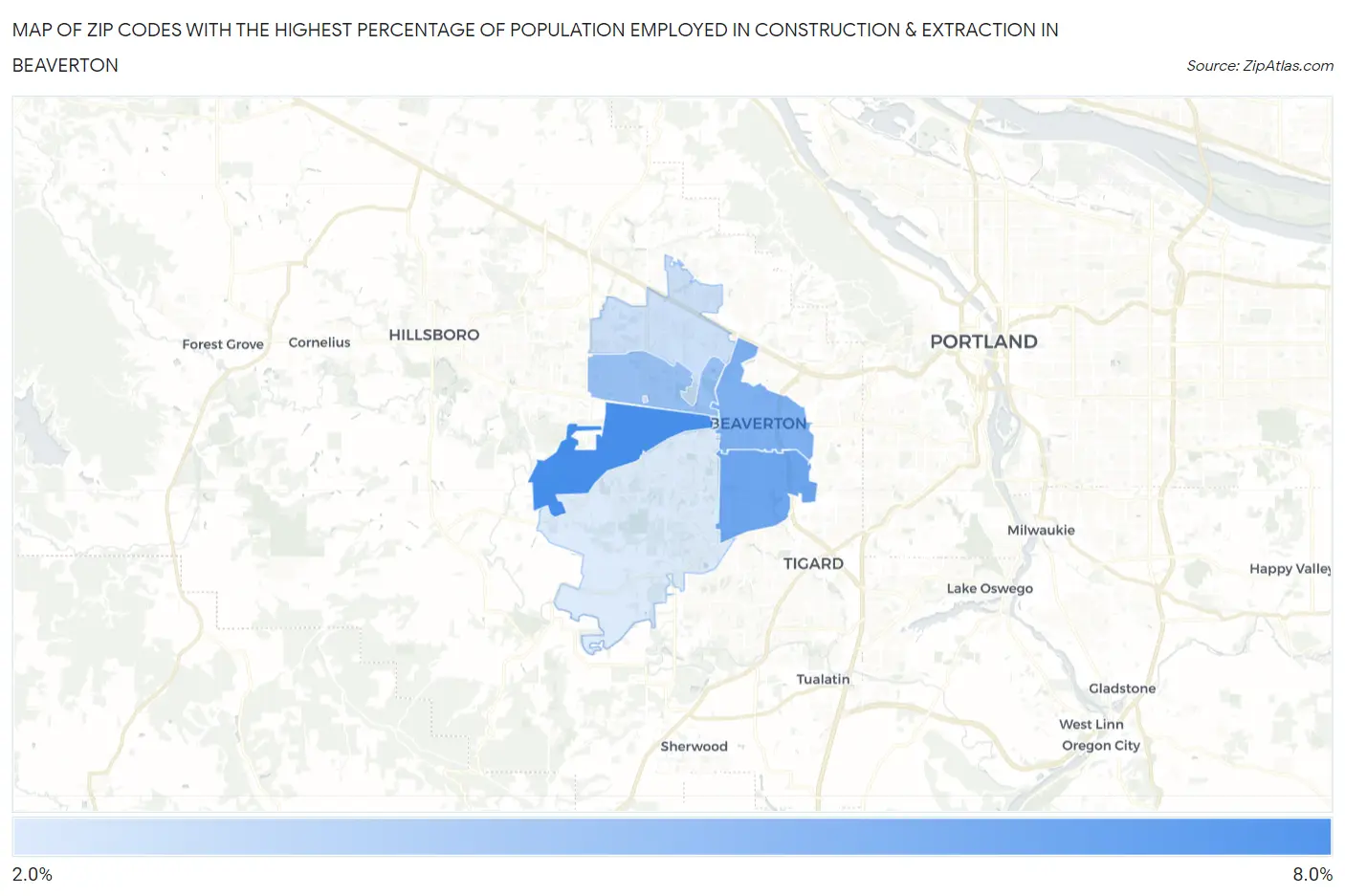 Zip Codes with the Highest Percentage of Population Employed in Construction & Extraction in Beaverton Map