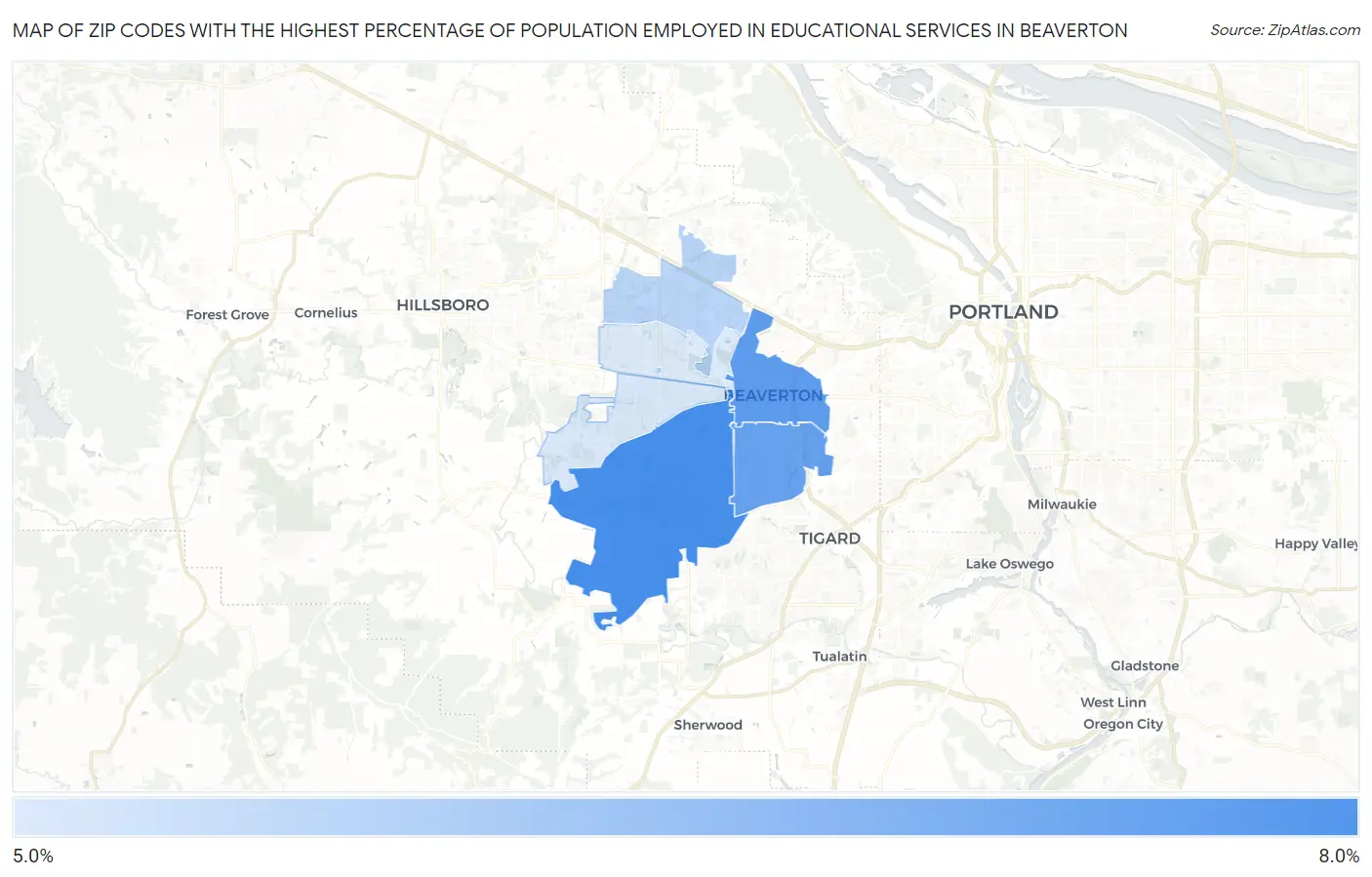 Zip Codes with the Highest Percentage of Population Employed in Educational Services in Beaverton Map