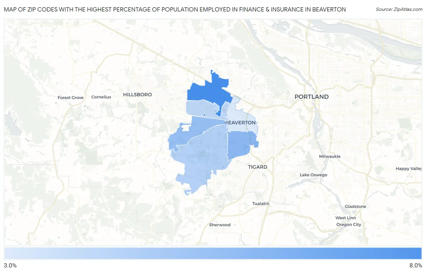 Zip Codes with the Highest Percentage of Population Employed in Finance & Insurance in Beaverton Map