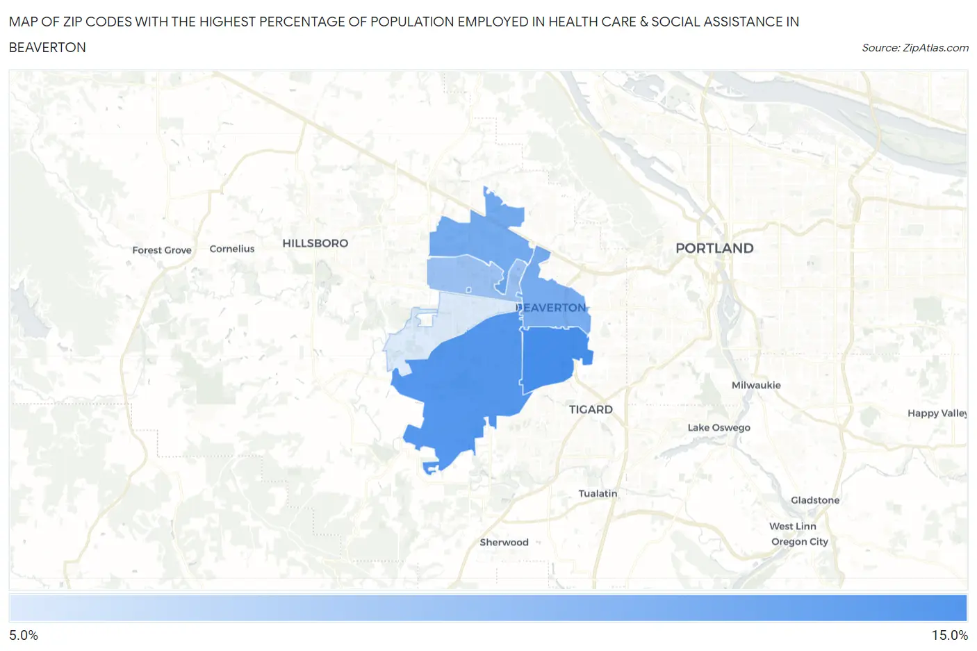 Zip Codes with the Highest Percentage of Population Employed in Health Care & Social Assistance in Beaverton Map
