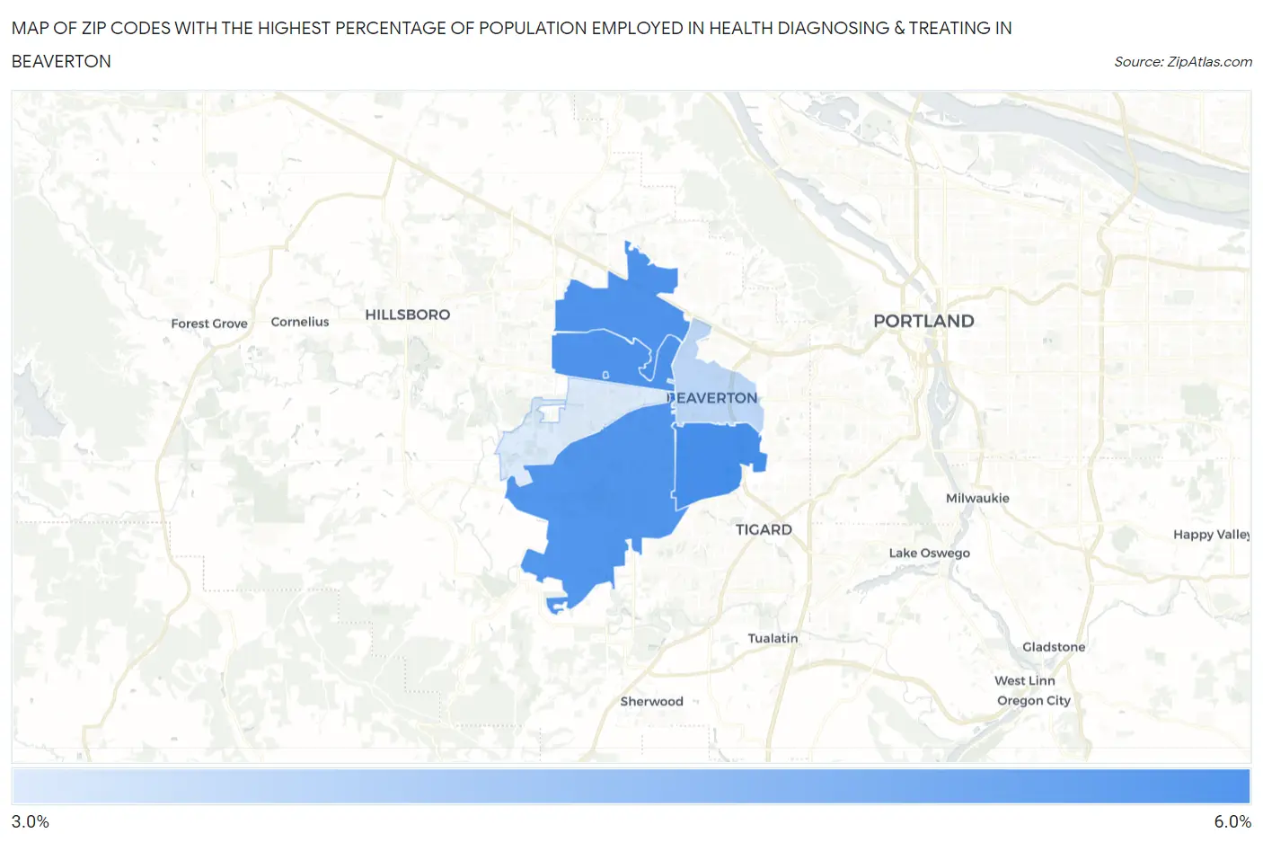 Zip Codes with the Highest Percentage of Population Employed in Health Diagnosing & Treating in Beaverton Map