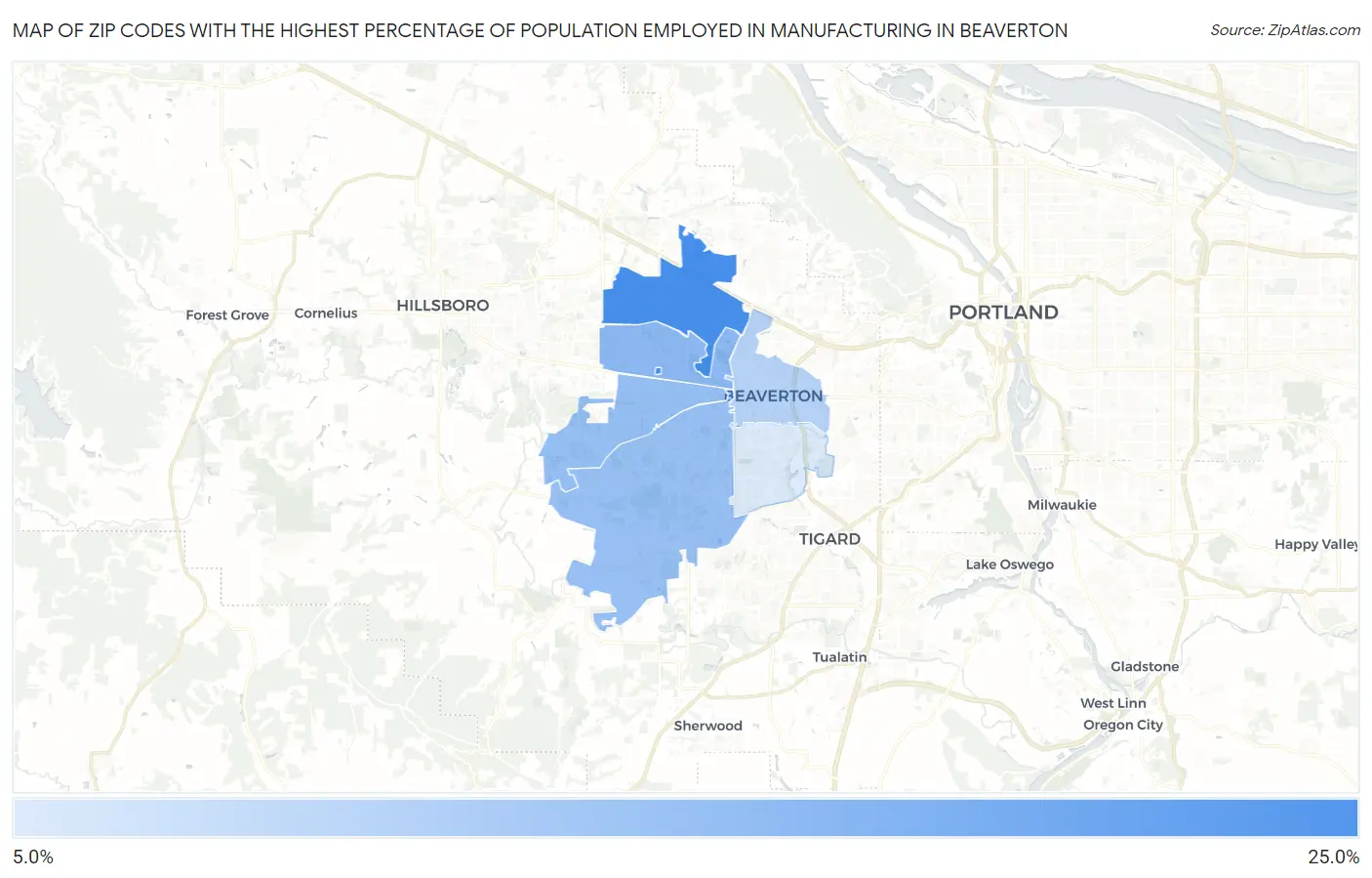 Zip Codes with the Highest Percentage of Population Employed in Manufacturing in Beaverton Map
