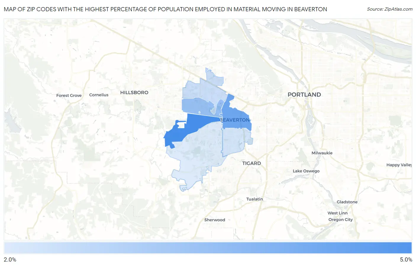 Zip Codes with the Highest Percentage of Population Employed in Material Moving in Beaverton Map
