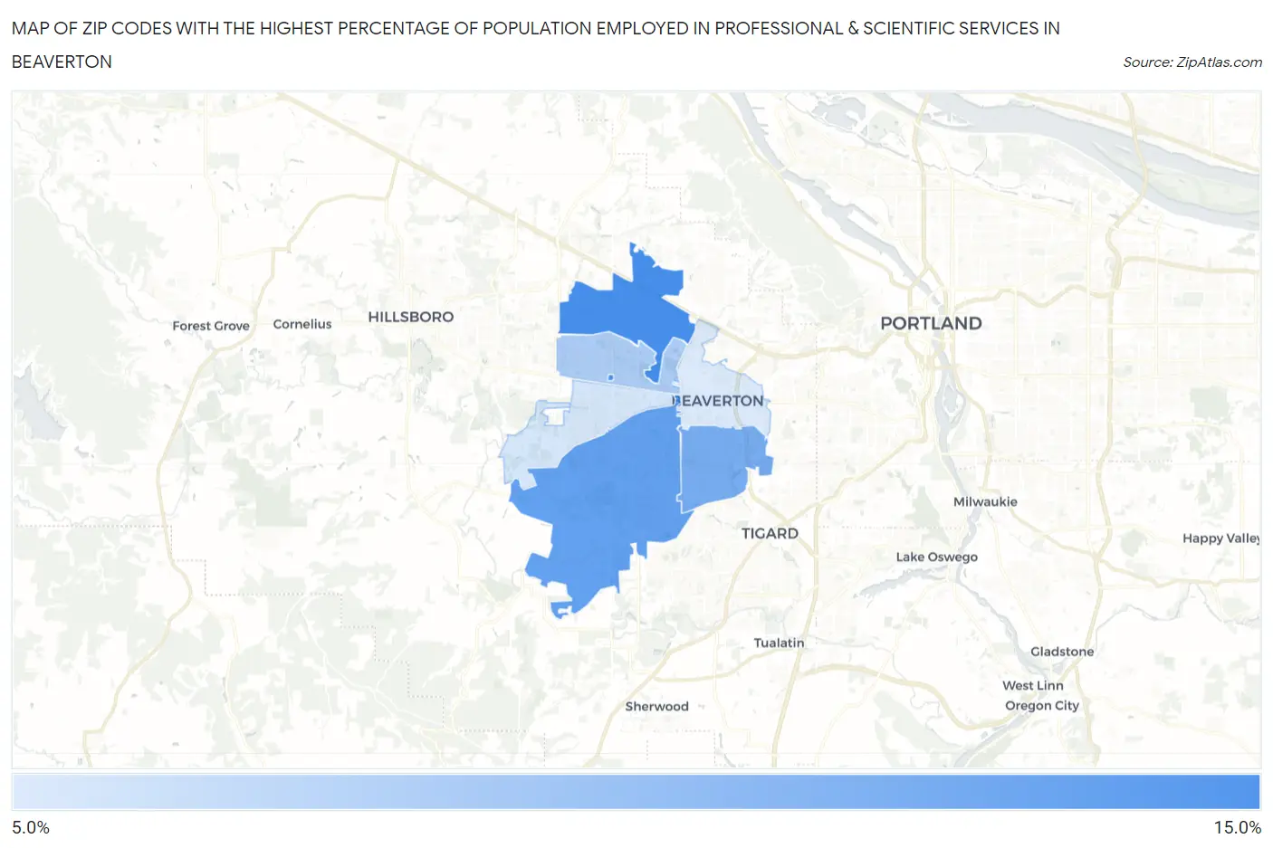 Zip Codes with the Highest Percentage of Population Employed in Professional & Scientific Services in Beaverton Map