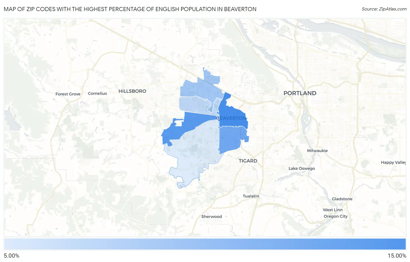 Zip Codes with the Highest Percentage of English Population in Beaverton Map