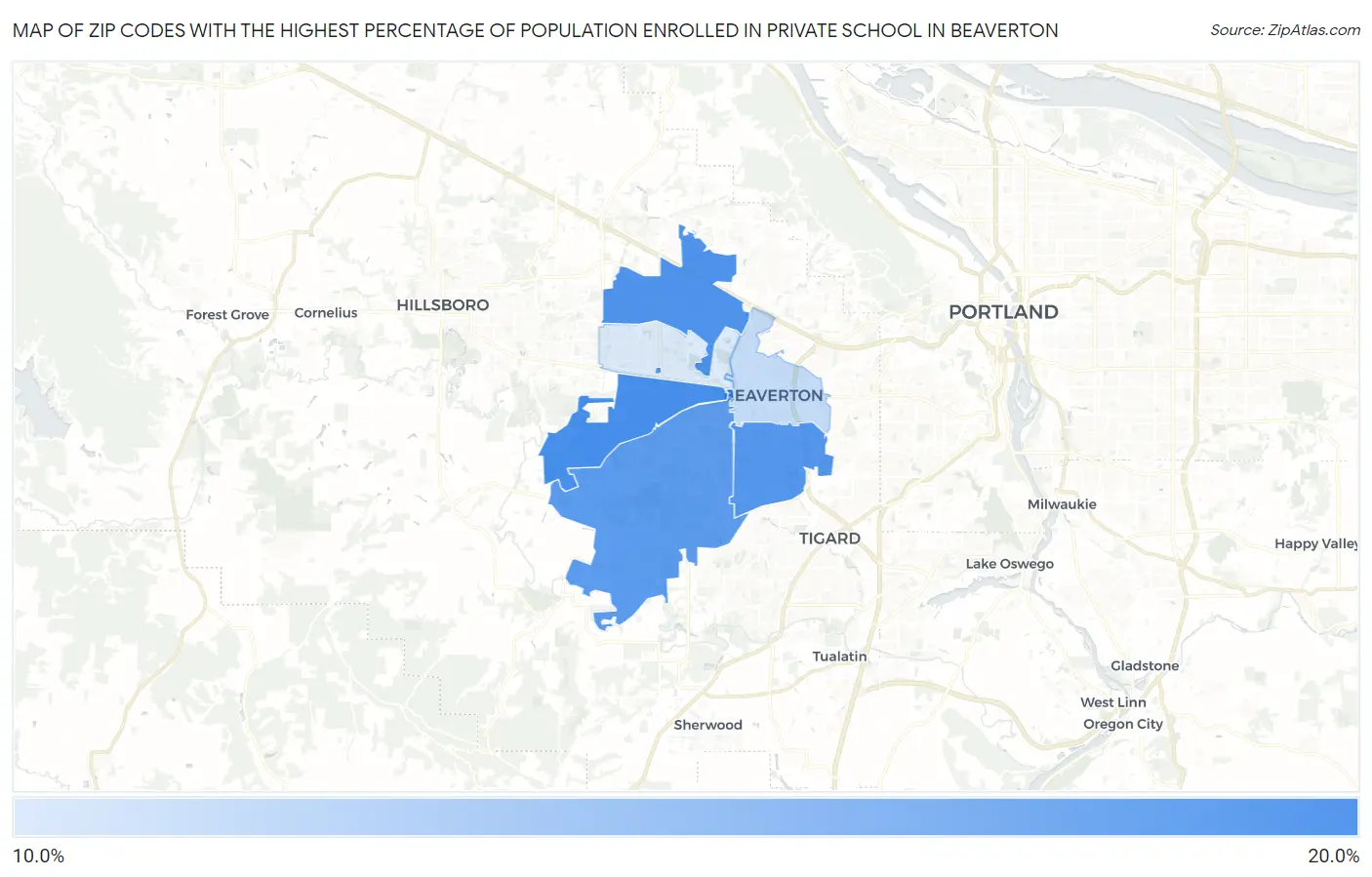 Zip Codes with the Highest Percentage of Population Enrolled in Private School in Beaverton Map