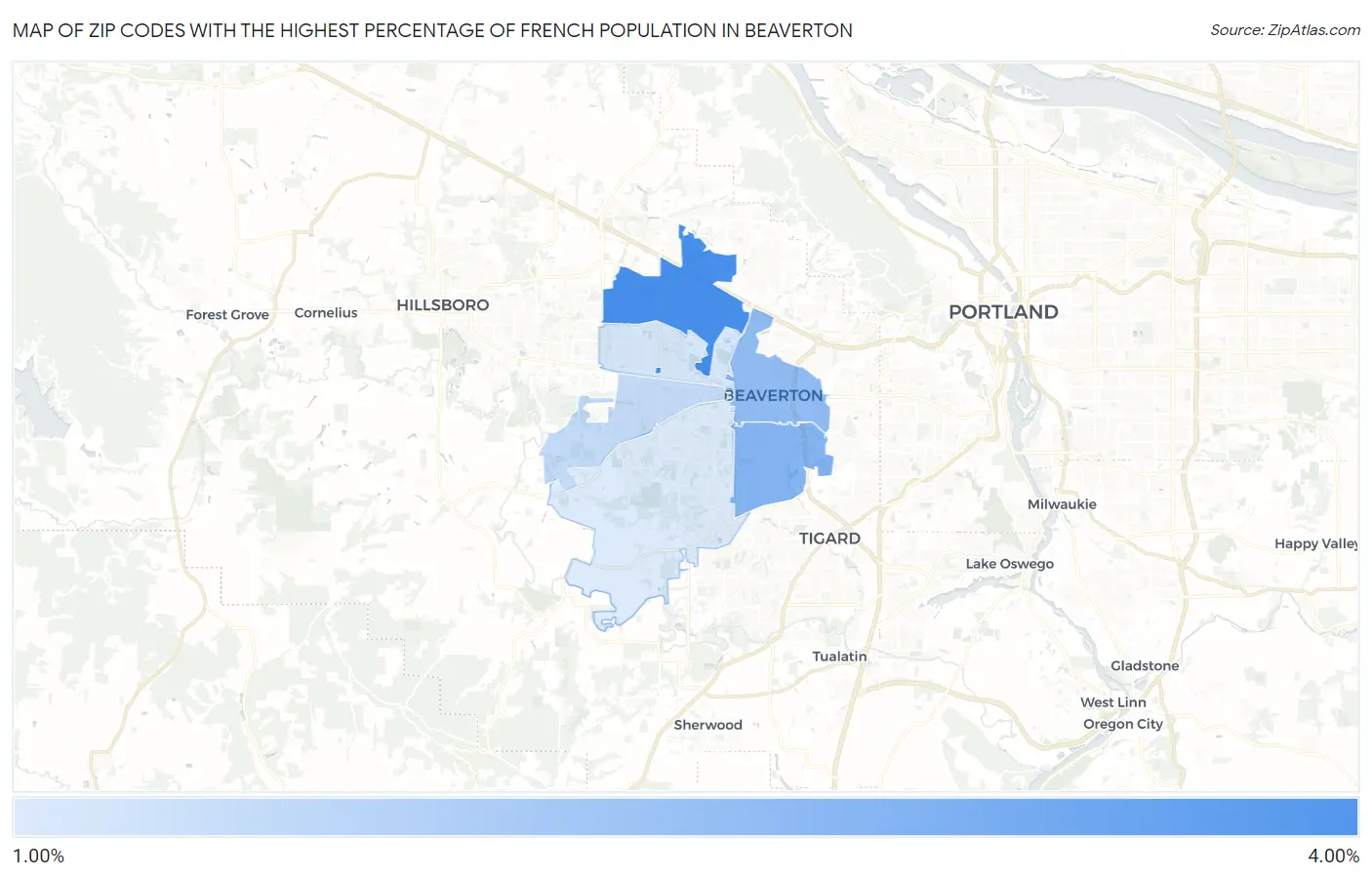 Zip Codes with the Highest Percentage of French Population in Beaverton Map