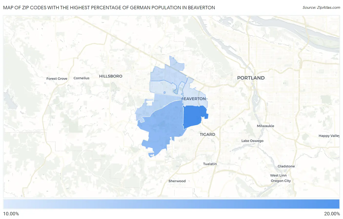Zip Codes with the Highest Percentage of German Population in Beaverton Map