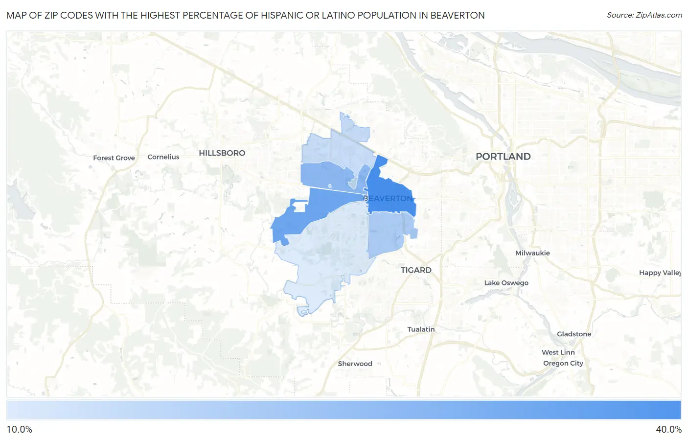 Zip Codes with the Highest Percentage of Hispanic or Latino Population in Beaverton Map