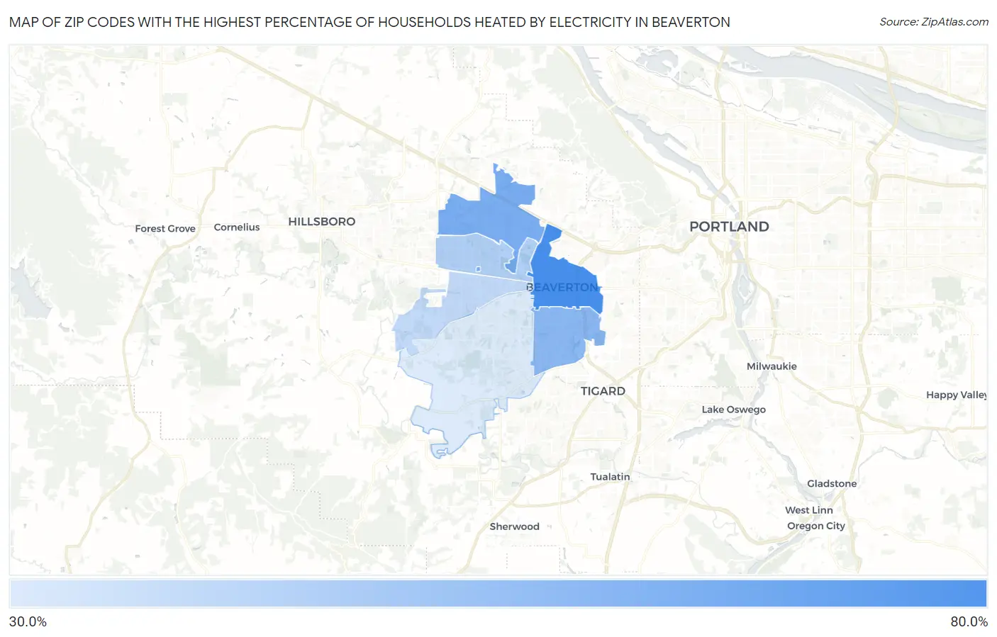 Zip Codes with the Highest Percentage of Households Heated by Electricity in Beaverton Map