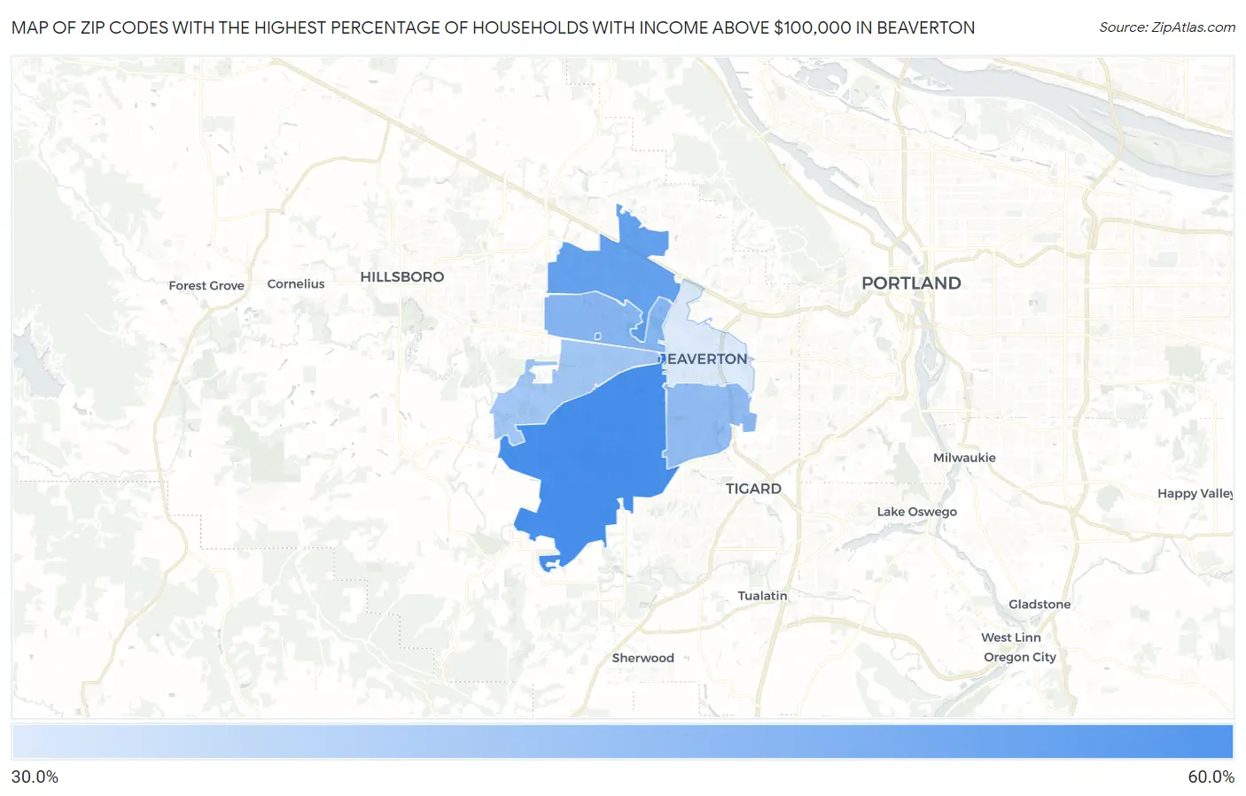Zip Codes with the Highest Percentage of Households with Income Above $100,000 in Beaverton Map