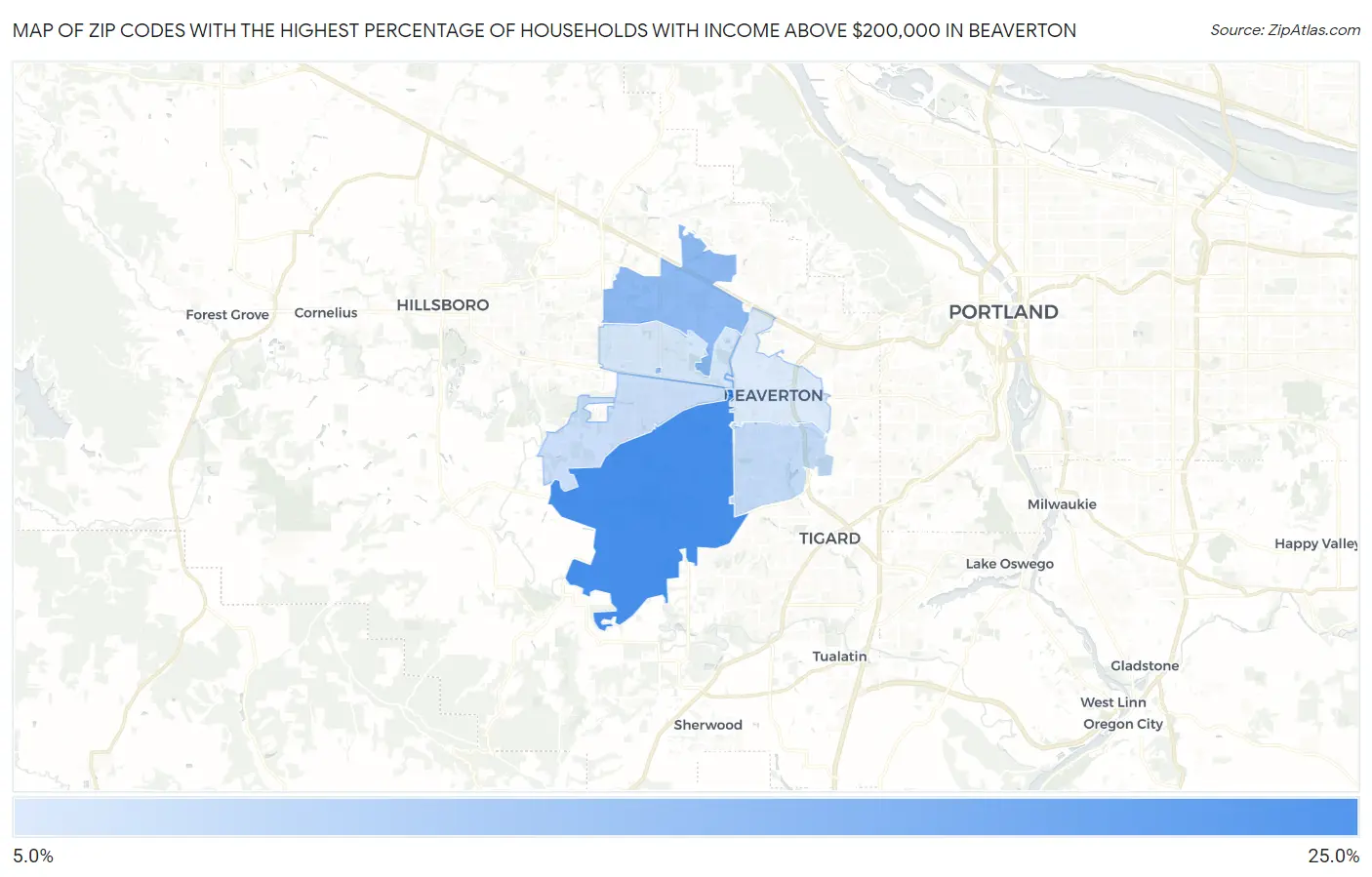 Zip Codes with the Highest Percentage of Households with Income Above $200,000 in Beaverton Map