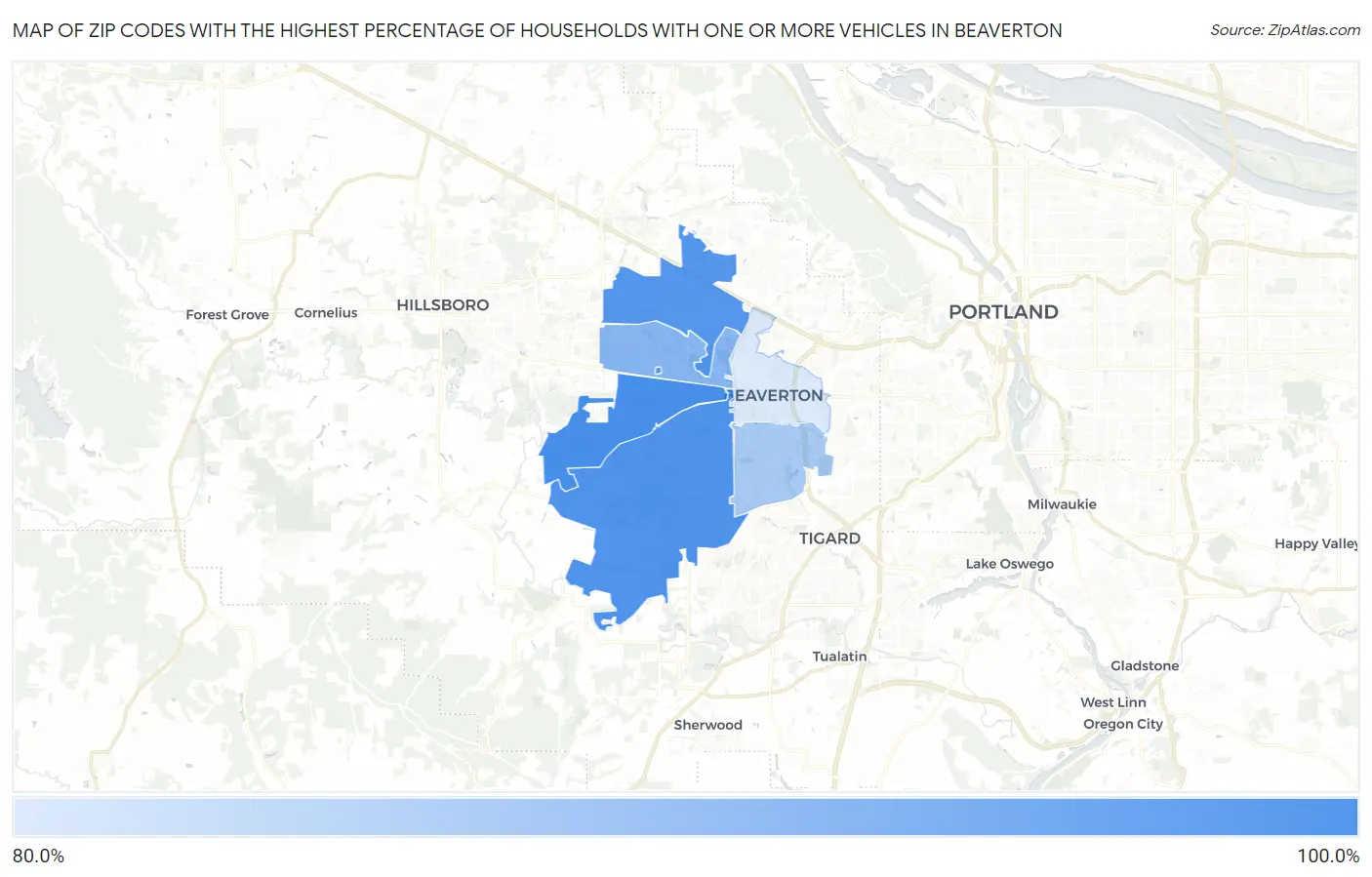 Zip Codes with the Highest Percentage of Households With One or more Vehicles in Beaverton Map