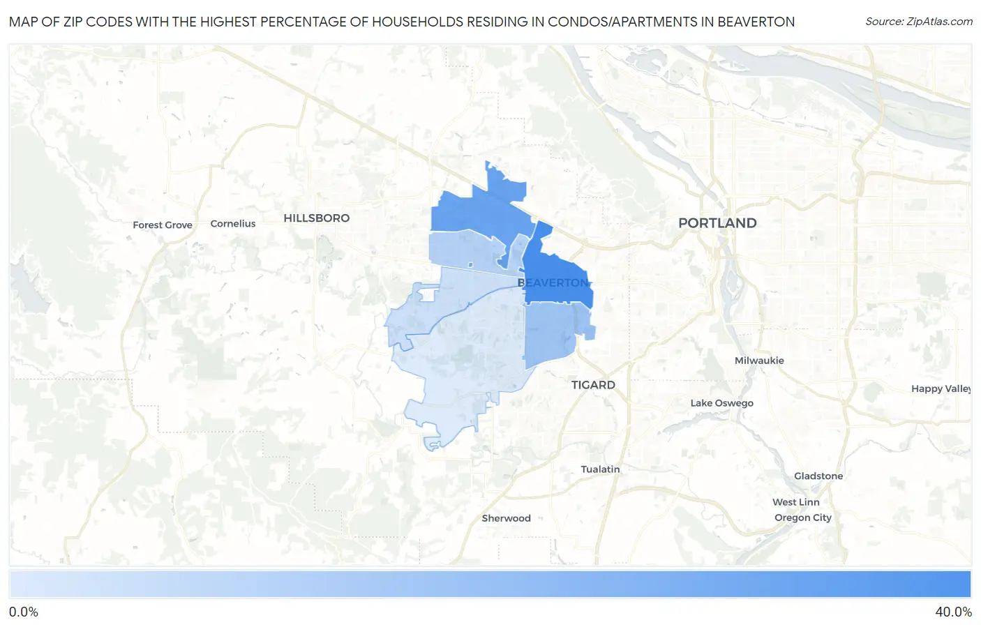 Zip Codes with the Highest Percentage of Households Residing in Condos/Apartments in Beaverton Map