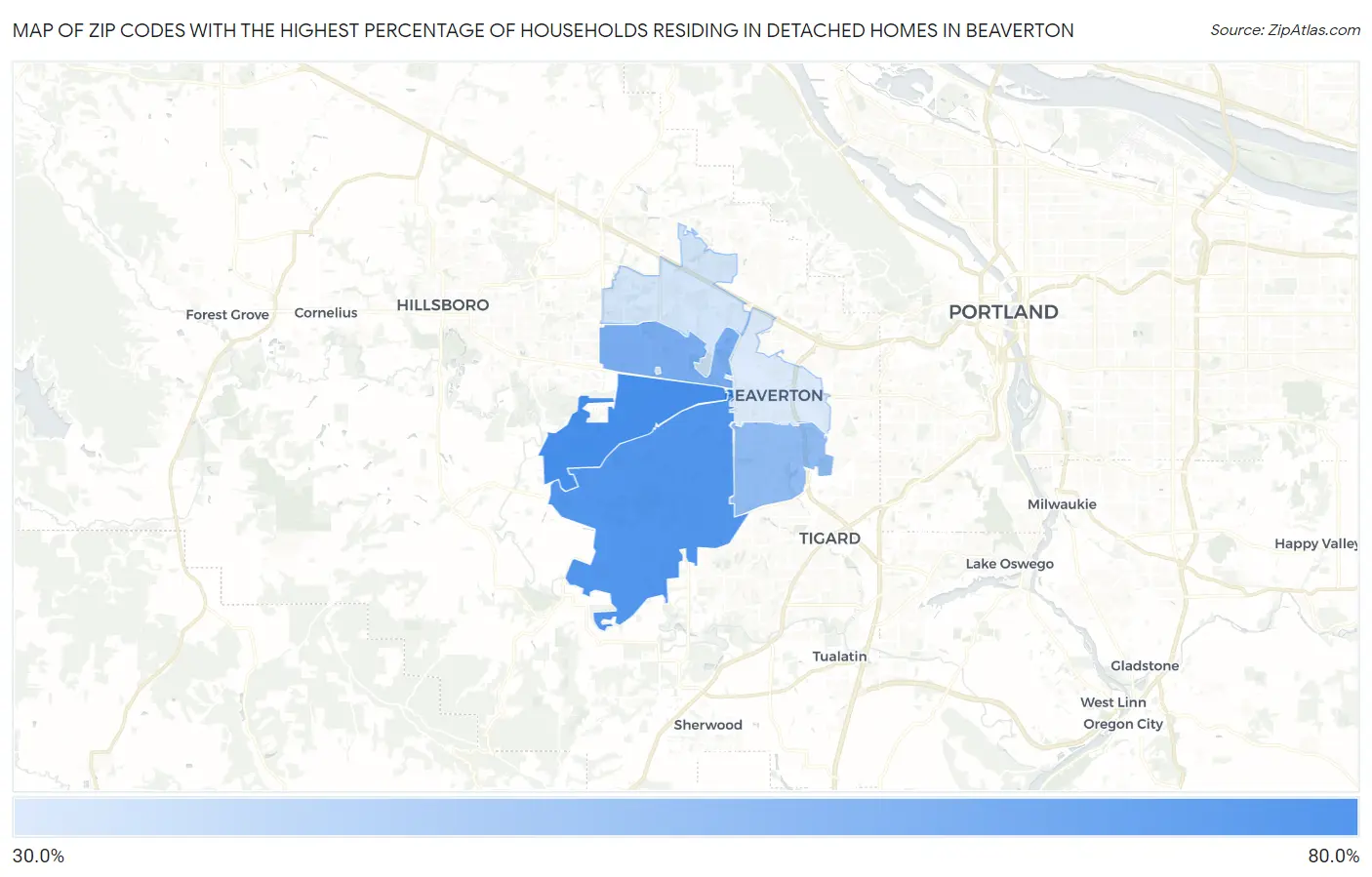 Zip Codes with the Highest Percentage of Households Residing in Detached Homes in Beaverton Map