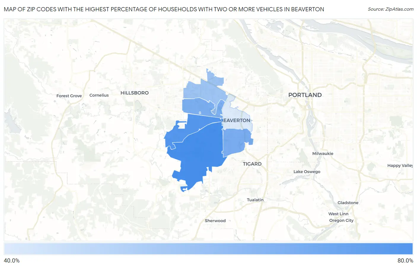 Zip Codes with the Highest Percentage of Households With Two or more Vehicles in Beaverton Map