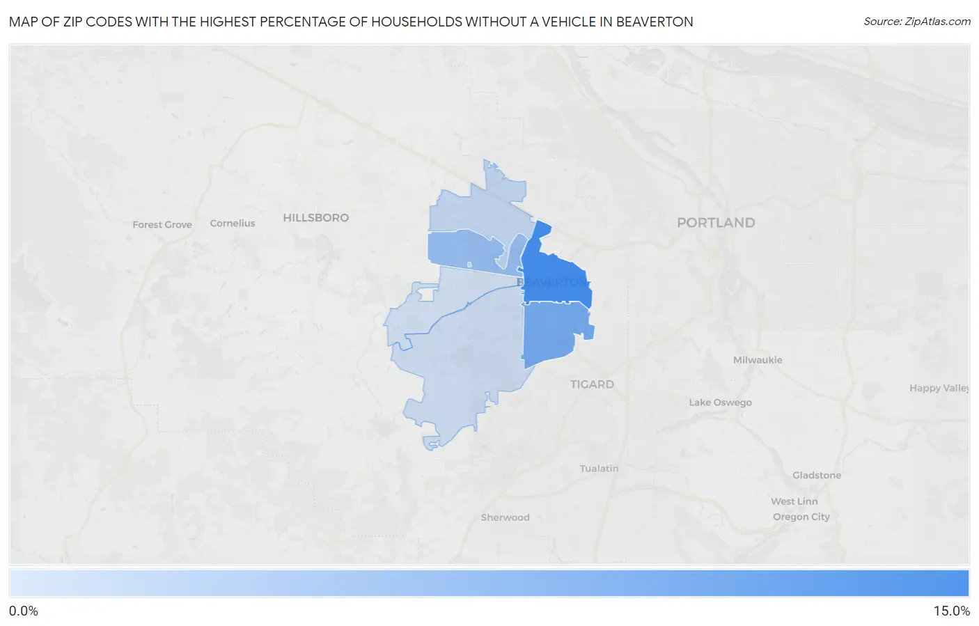 Zip Codes with the Highest Percentage of Households Without a Vehicle in Beaverton Map
