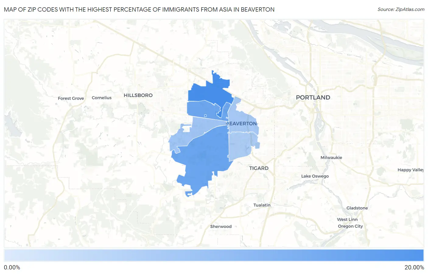 Zip Codes with the Highest Percentage of Immigrants from Asia in Beaverton Map