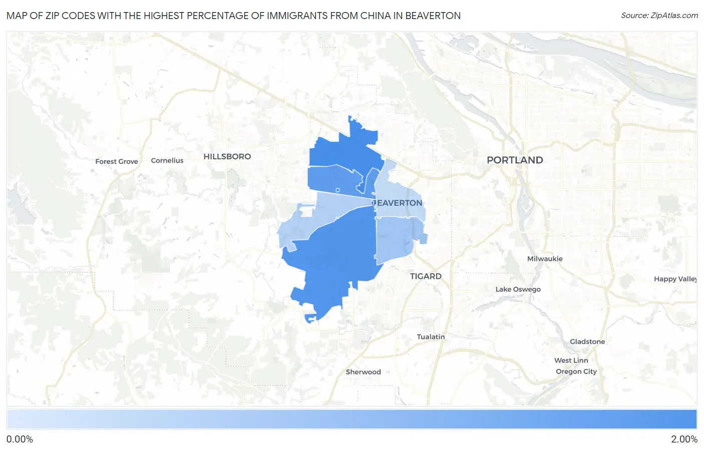 Zip Codes with the Highest Percentage of Immigrants from China in Beaverton Map