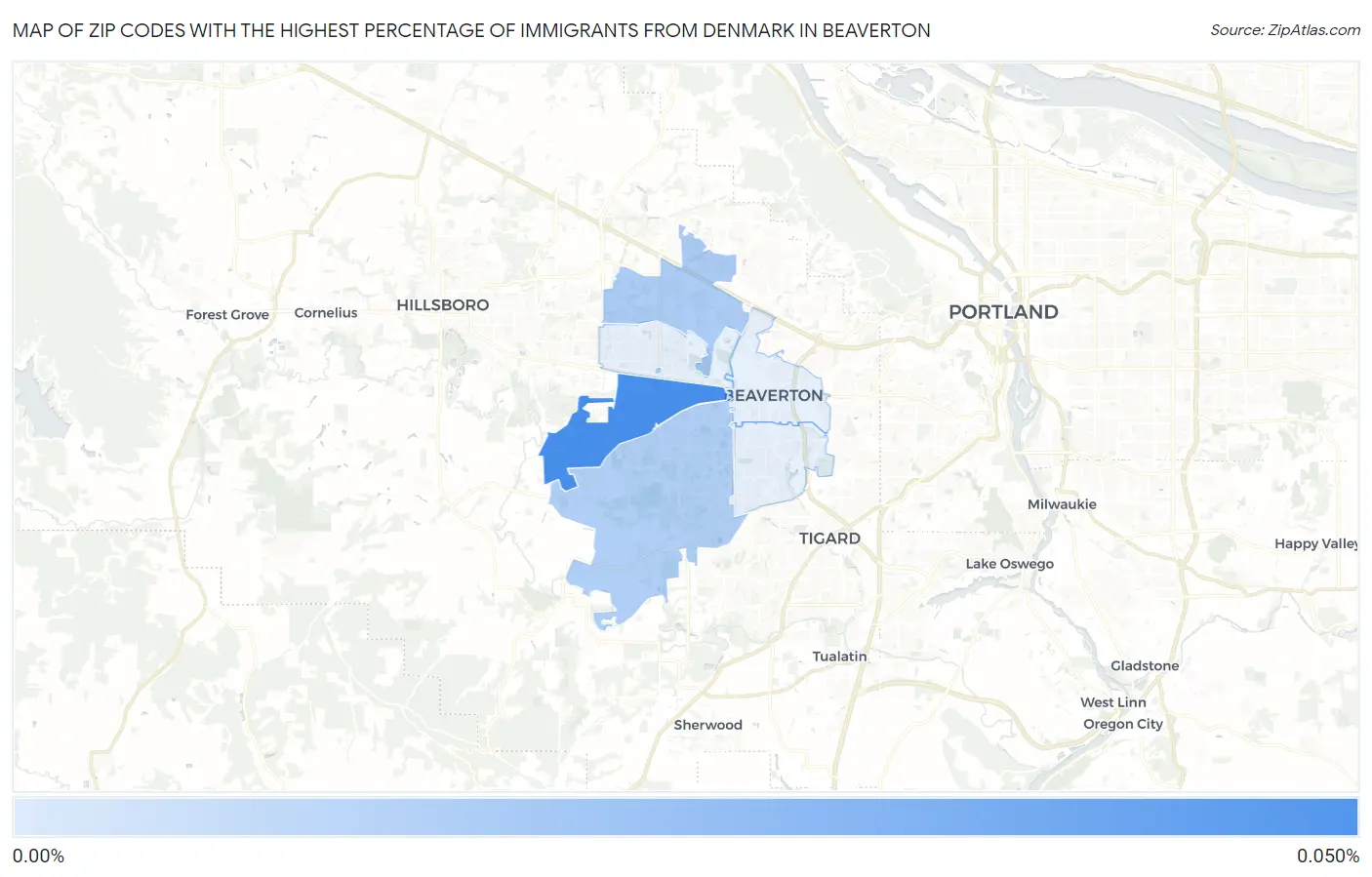 Zip Codes with the Highest Percentage of Immigrants from Denmark in Beaverton Map