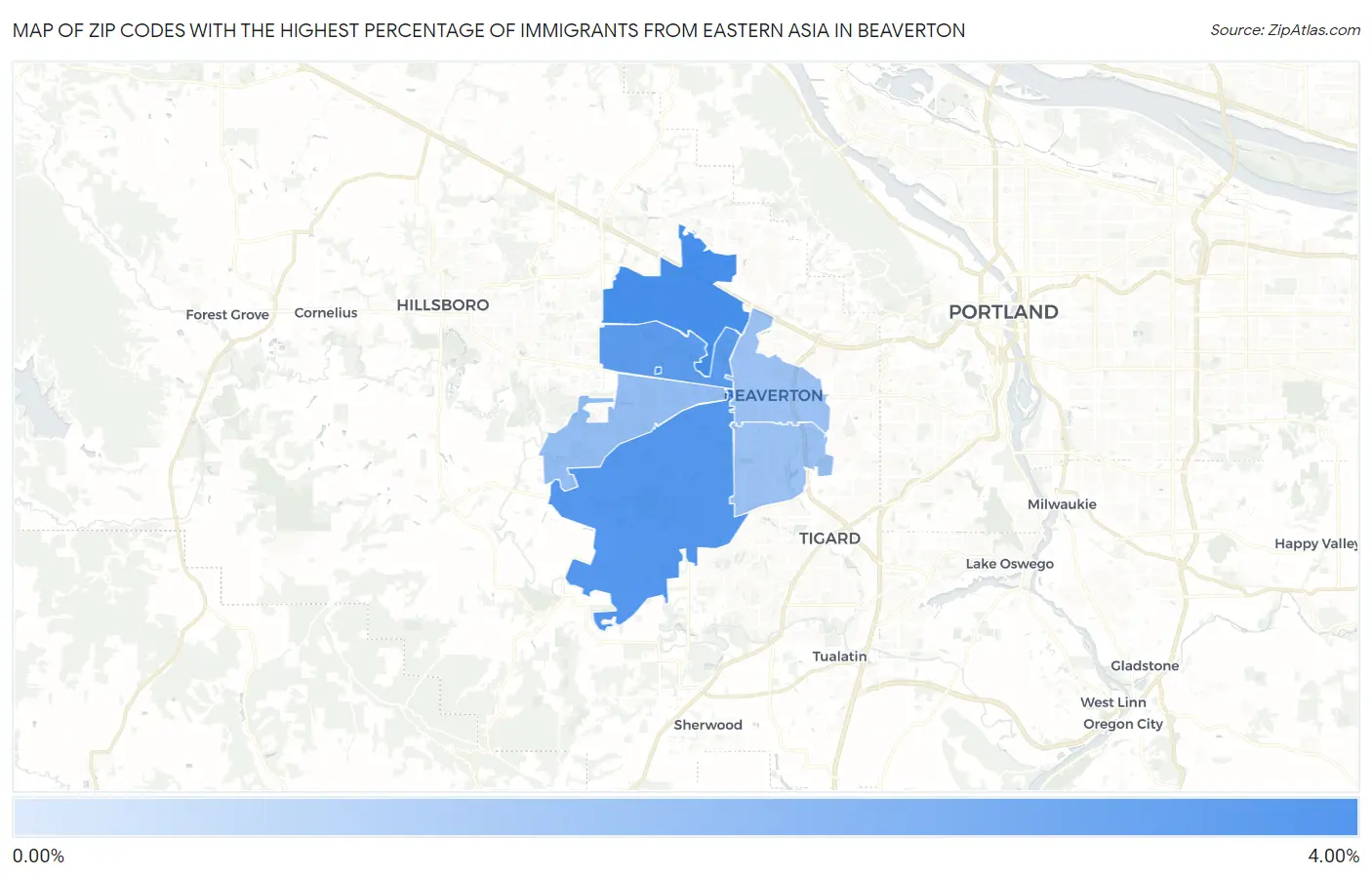 Zip Codes with the Highest Percentage of Immigrants from Eastern Asia in Beaverton Map