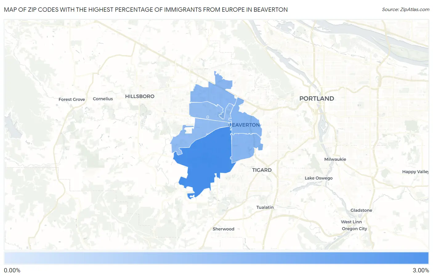 Zip Codes with the Highest Percentage of Immigrants from Europe in Beaverton Map