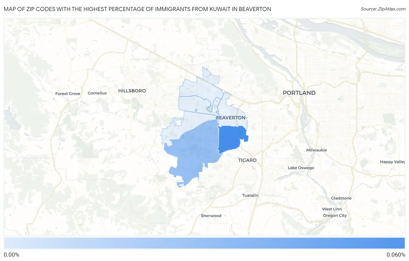 Zip Codes with the Highest Percentage of Immigrants from Kuwait in Beaverton Map