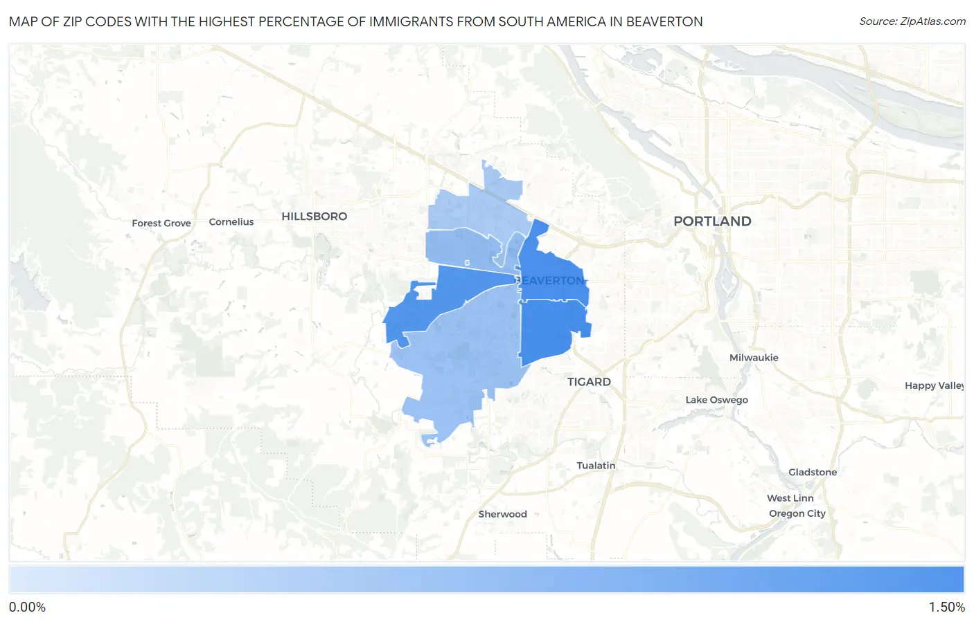 Zip Codes with the Highest Percentage of Immigrants from South America in Beaverton Map