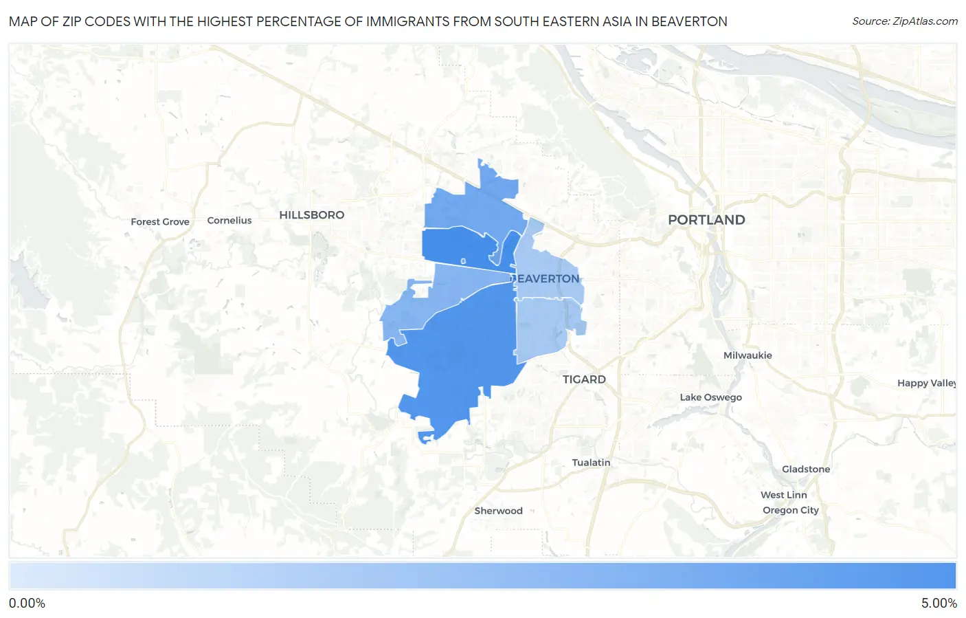 Zip Codes with the Highest Percentage of Immigrants from South Eastern Asia in Beaverton Map