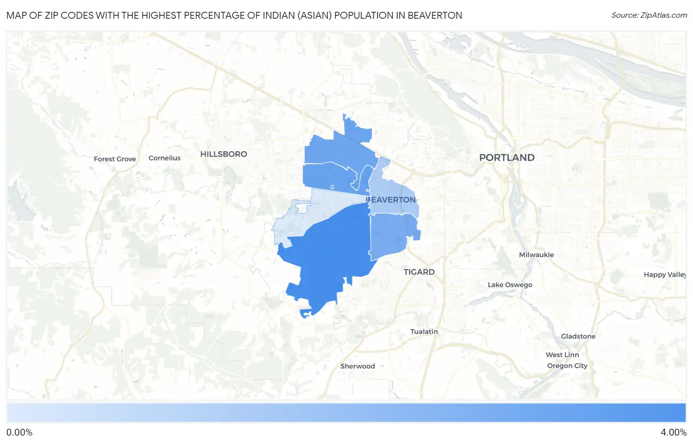 Zip Codes with the Highest Percentage of Indian (Asian) Population in Beaverton Map