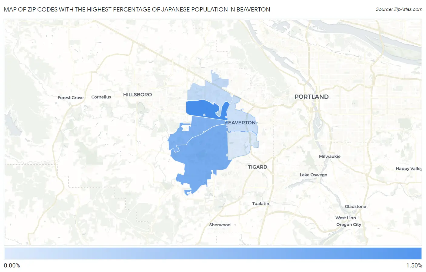 Zip Codes with the Highest Percentage of Japanese Population in Beaverton Map
