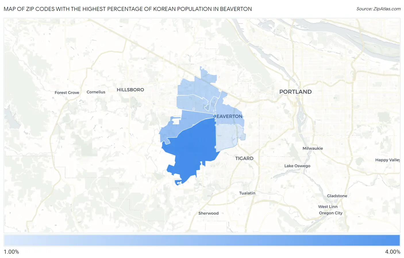 Zip Codes with the Highest Percentage of Korean Population in Beaverton Map