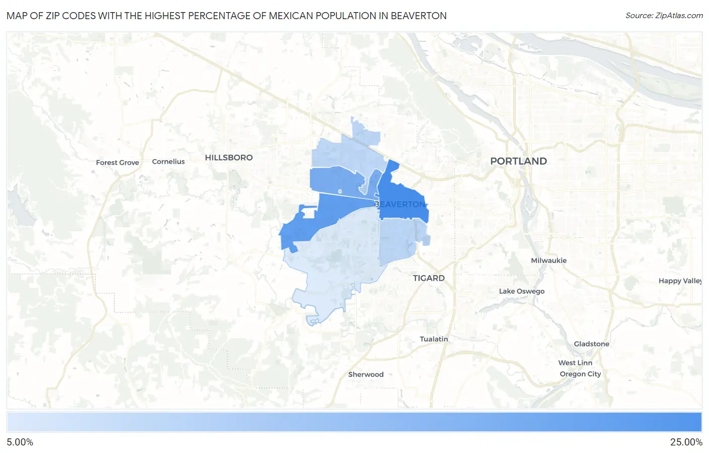 Zip Codes with the Highest Percentage of Mexican Population in Beaverton Map