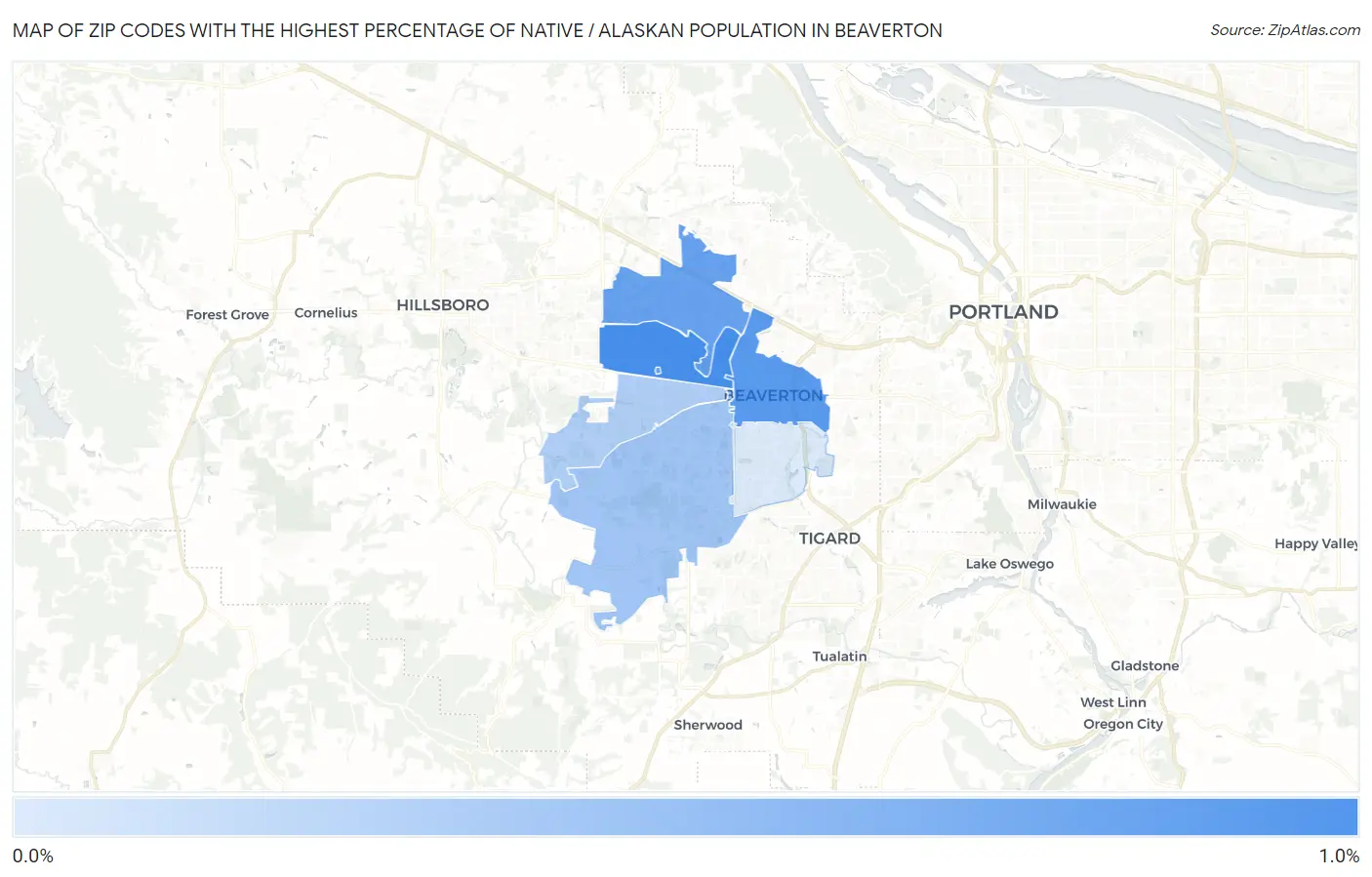 Zip Codes with the Highest Percentage of Native / Alaskan Population in Beaverton Map