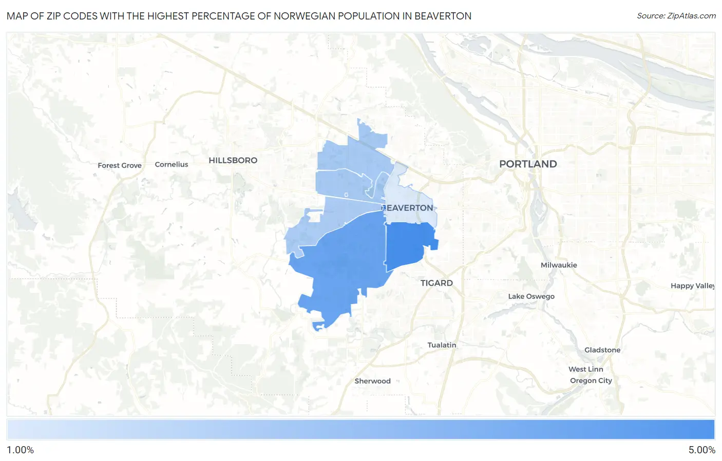 Zip Codes with the Highest Percentage of Norwegian Population in Beaverton Map