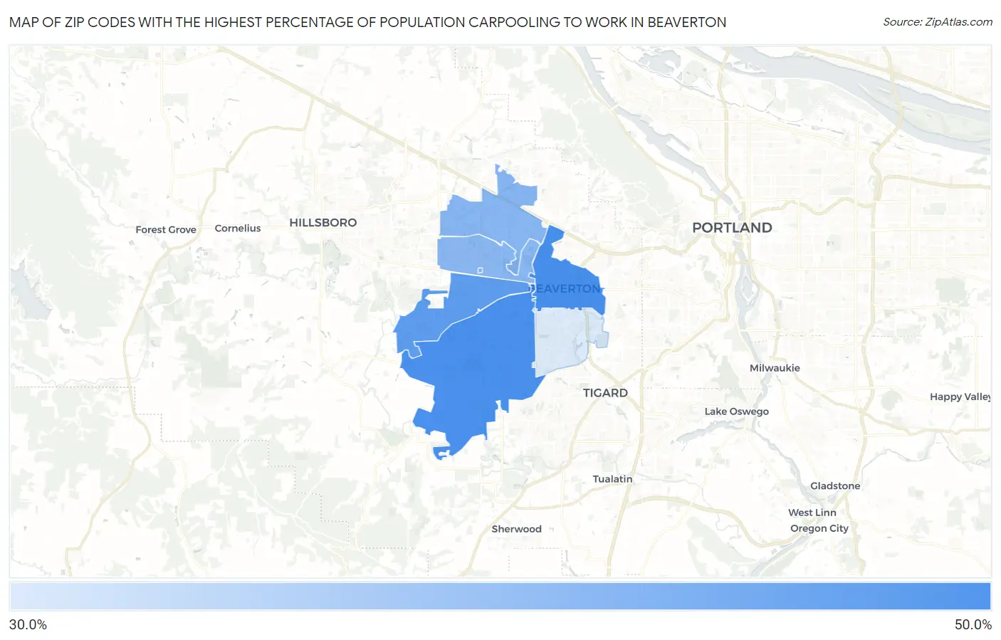 Zip Codes with the Highest Percentage of Population Carpooling to Work in Beaverton Map