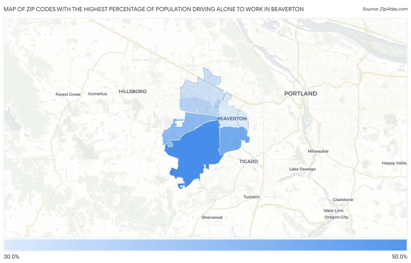 Zip Codes with the Highest Percentage of Population Driving Alone to Work in Beaverton Map
