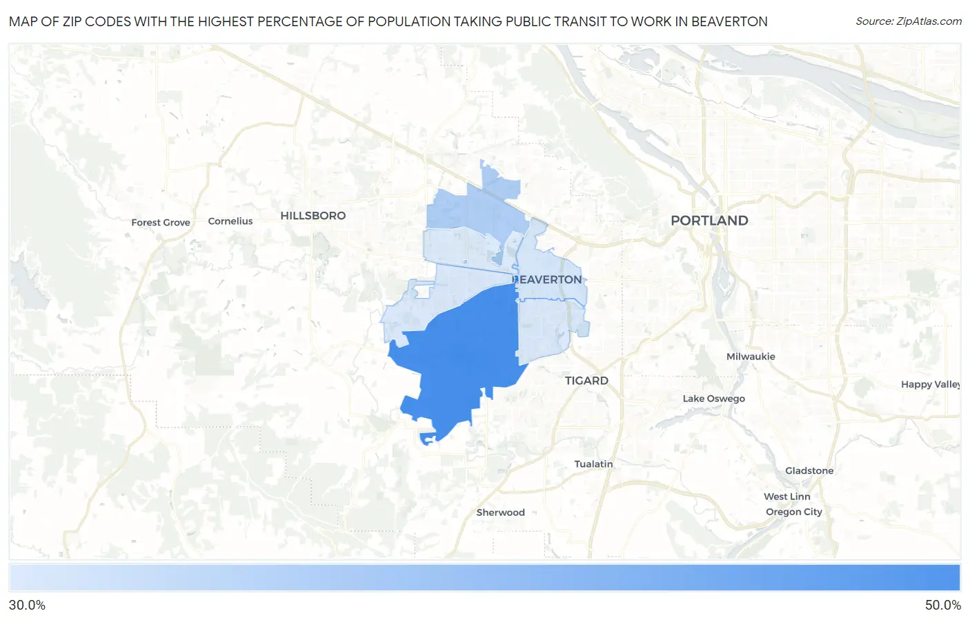 Zip Codes with the Highest Percentage of Population Taking Public Transit to Work in Beaverton Map