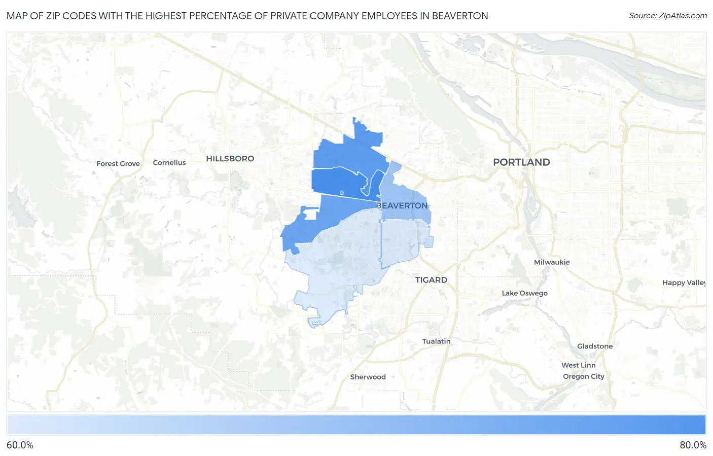 Zip Codes with the Highest Percentage of Private Company Employees in Beaverton Map