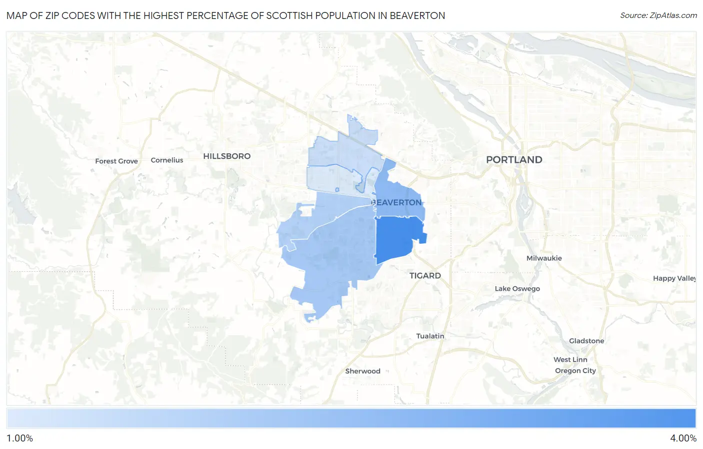 Zip Codes with the Highest Percentage of Scottish Population in Beaverton Map