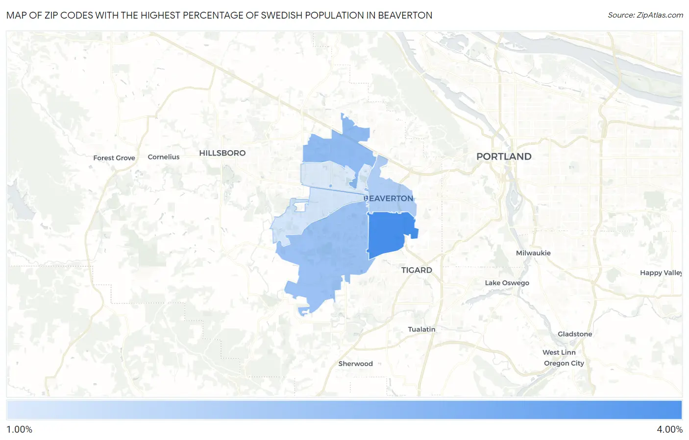 Zip Codes with the Highest Percentage of Swedish Population in Beaverton Map