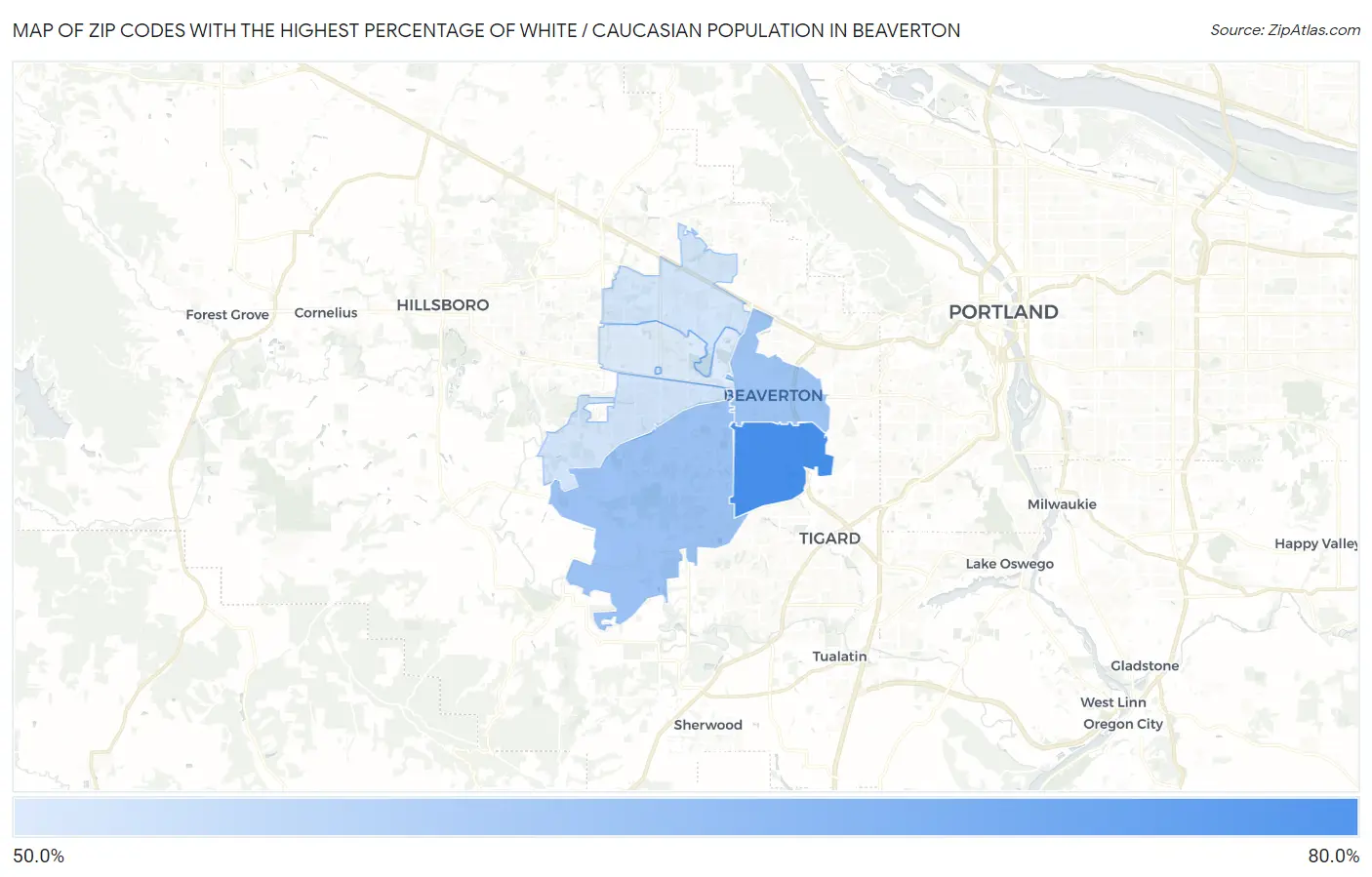 Zip Codes with the Highest Percentage of White / Caucasian Population in Beaverton Map