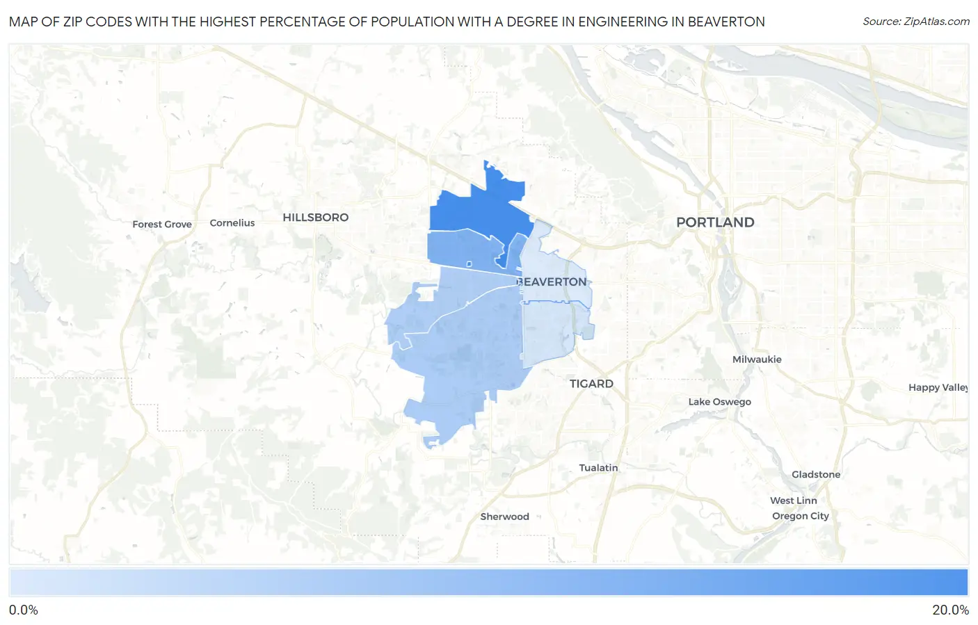 Zip Codes with the Highest Percentage of Population with a Degree in Engineering in Beaverton Map