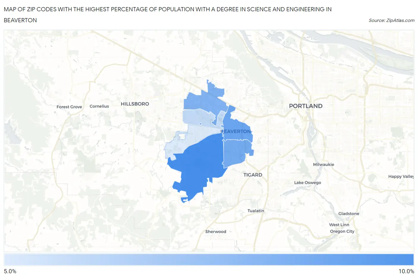 Zip Codes with the Highest Percentage of Population with a Degree in Science and Engineering in Beaverton Map