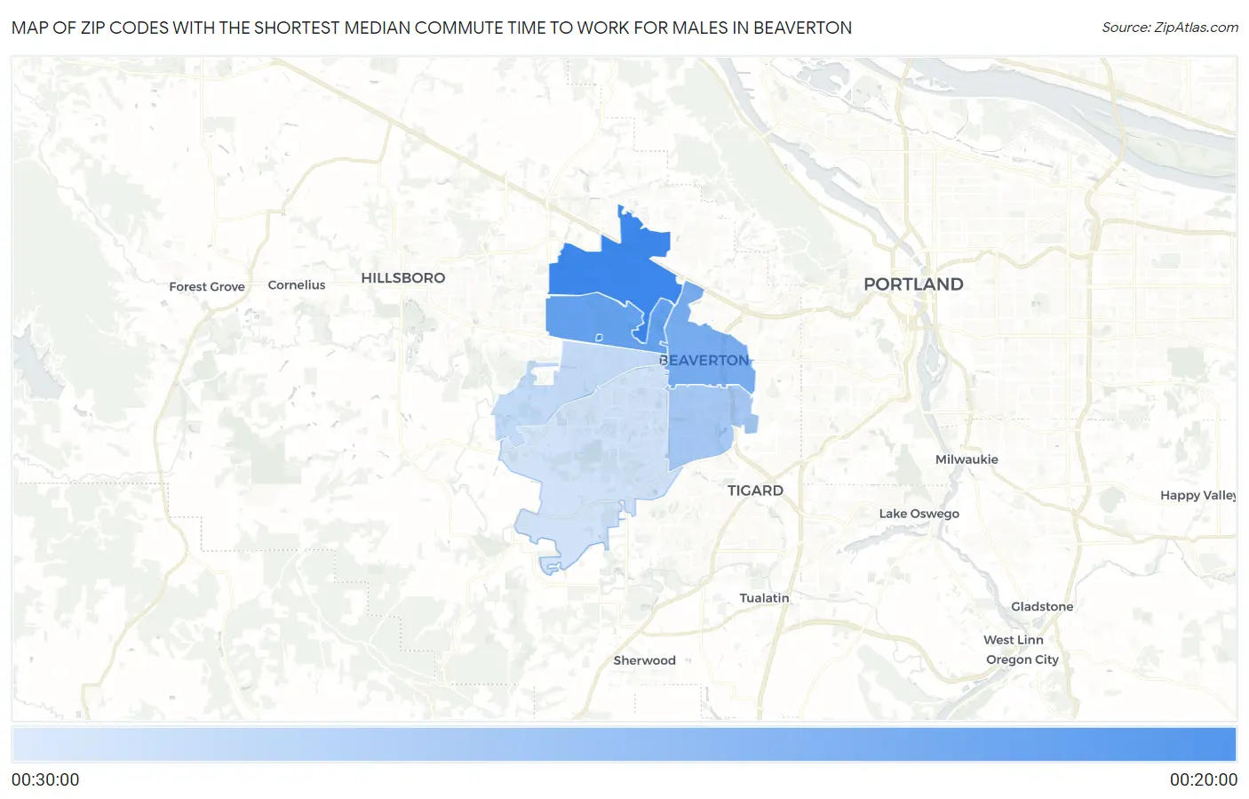 Zip Codes with the Shortest Median Commute Time to Work for Males in Beaverton Map